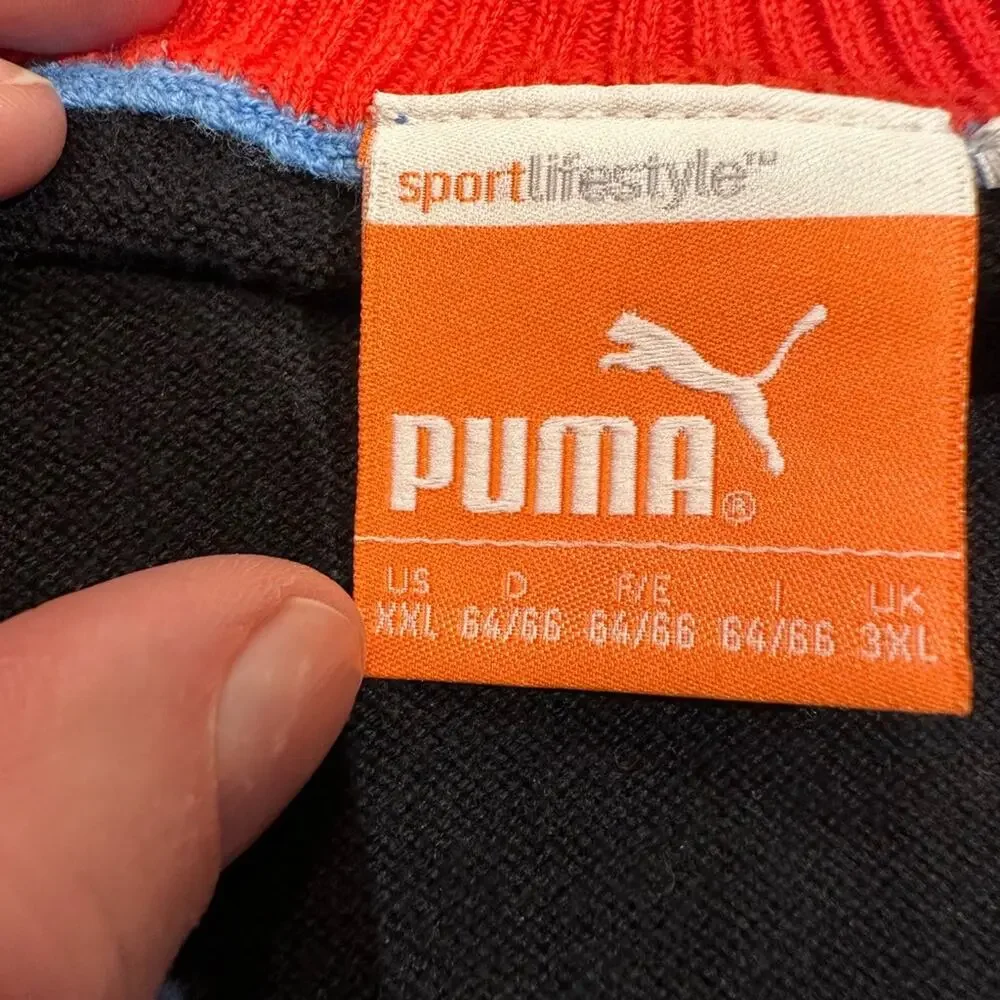 Puma Mens 3XL V-Neck Black Sweater with Blue Elbow Patches Trim and Logo